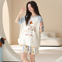 Setelan Piyama Wanita Musim Panas Katun Lengan Pendek Celana Pendek Motif Kartun Lucu Longgar Ukuran Besar Dua Potong Baju Tidur Santai