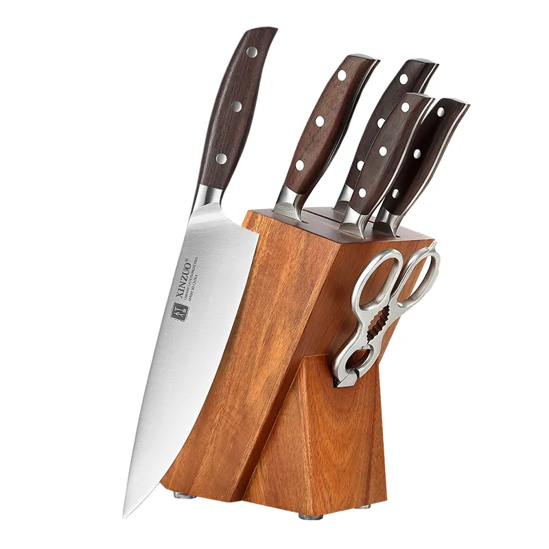 XINZUO 7Pcs Super Sharp German 1.4116 Stainless Steel Red Sandal Wood handle Kitchen Chef Knife Set with Wooden Block