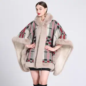 Women Winter Thick Warm Striped Poncho Cape Faux Fur Cardigan Cloak Loose Big Pendulum Batwing Sleeves Long Shawl Coat With Hat