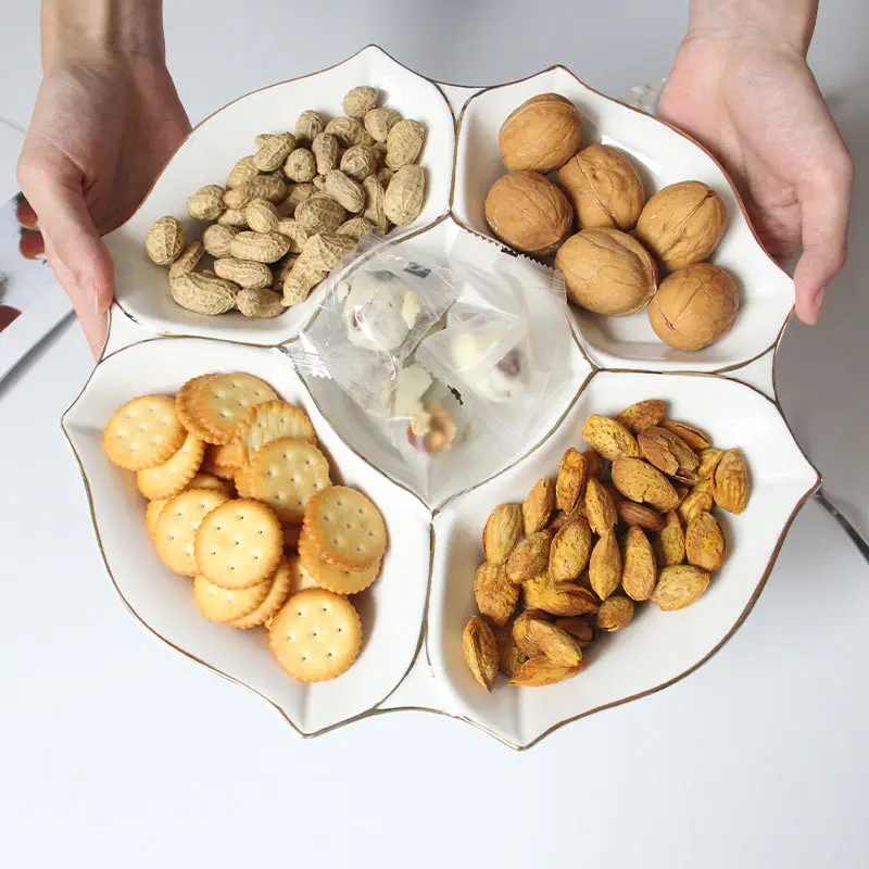 Household Gold White Porcelain Plate Ceramic Combination Dried Fruit Snack Plate Compartment Tray