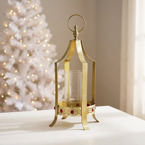 2026 Latest Crown Shape <b>Gold</b> Metal Hurricane Candle Pillar Holder <b>Lantern</b> for Christmas & Ramadan Decorations - Product Image 1