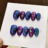 Uñas Postizas de Primavera con Diseño de Luna y Estrella en Azul y Morado, Hechas a Mano, con Gemas, de Lujo, con Soporte Personalizado y Empaque Personalizado