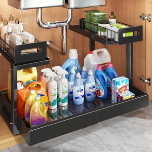 Organisateur de rangement <span class=keywords><strong>sous</strong></span> évier extensible à 2 niveaux, tiroirs réglables en hauteur avec glissières à billes améliorées - Product Image 1
