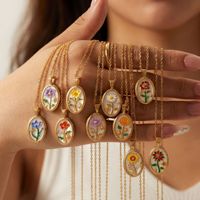 Collier Pendentif Floral Vintage Plaqué Or Émail Fleur de Naissance pour Femme Style Français Bijoux Quotidien Personnalisé OEM