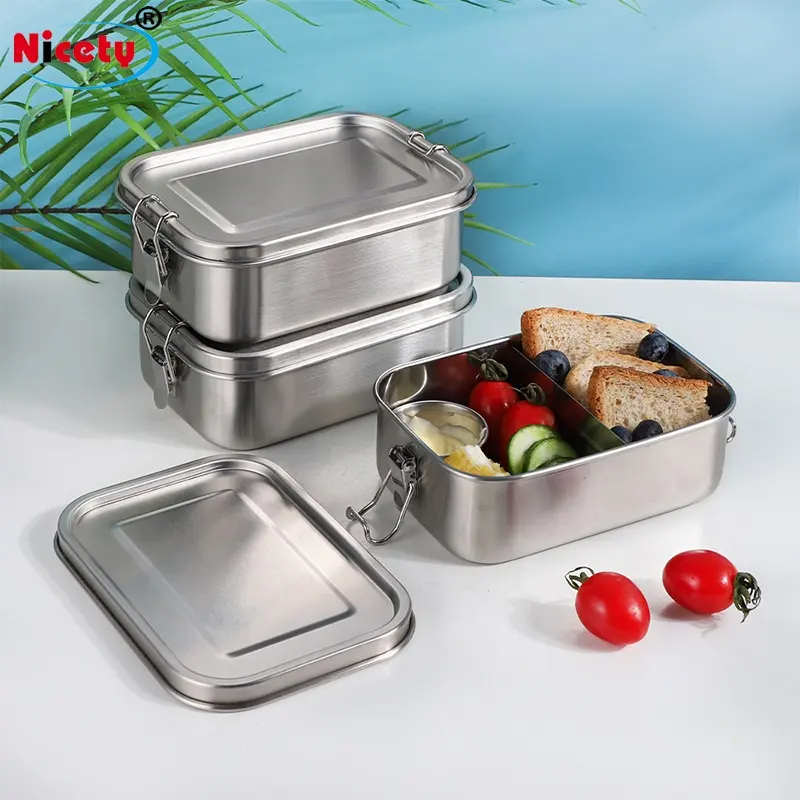 Fiambrera rectangular de acero inoxidable de 1400ml, a prueba de fugas, bento con cerradura, fiambrera tiffin, contenedor de alimentos respetuoso con el medio ambiente