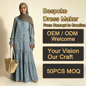 Robes Maxi Abaya Décontractées et Modestes pour Filles, Bleu Poussière, Imprimé Floral, Col Froncé, Manches Longues à Volants, Superposées, Vente <span class=keywords><strong>en</strong></span> Gros - Product Image 1