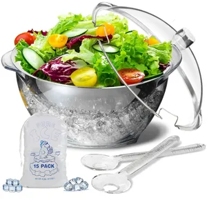 Ensaladera acrílica grande de 4,5 Qt, ensaladera helada con tapa para fiesta, cuencos de hielo refrigerados con frutas y verduras de primera calidad