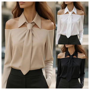 Großhandel Einfarbige Lässige Vielseitige Damen-Bluse mit Kragen und Schleife, Schulterfreies Design, Langarm, Satin - Product Image 2