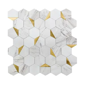 10-Stuks Hexagon Aluminium Metal & Pvc Steen Look Schil En Stok Wandtegel Keuken Backsplash
