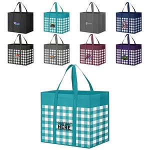 Sacs de courses réutilisables avec logo personnalisé, sac de courses pliable en tissu non tissé à carreaux, sac réutilisable avec longues poignées - Product Image 1