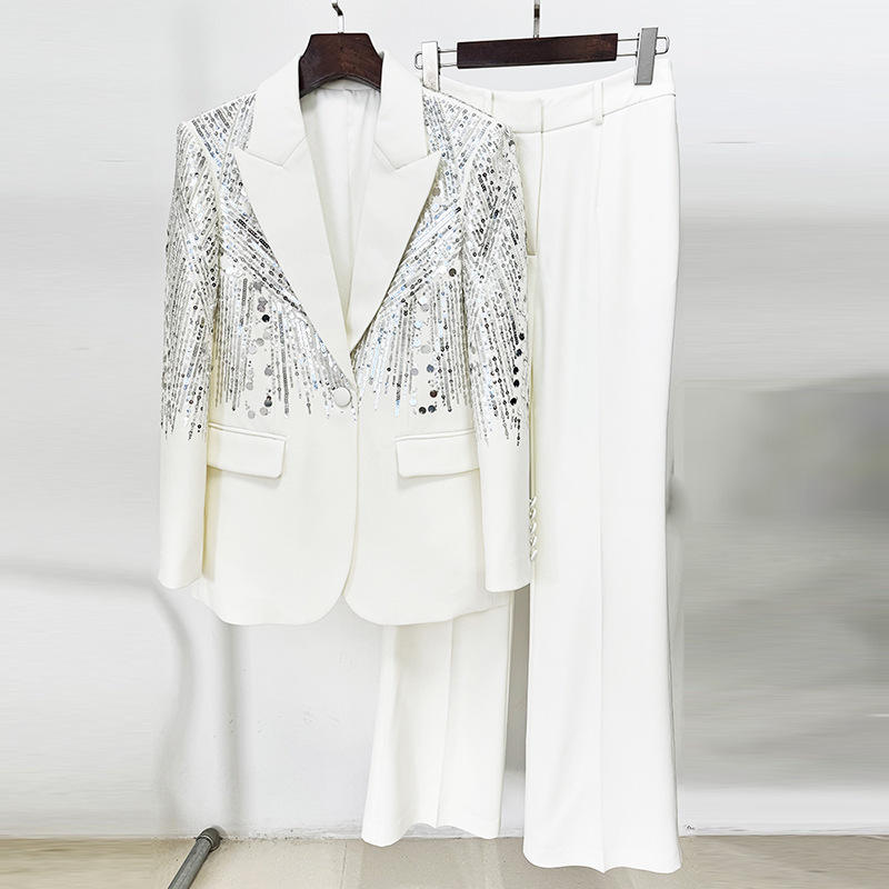 Elegant Women's Sequin Blazer \u0026 Wide Leg Pants White Formal Suit Set Odm