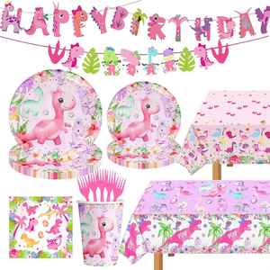 ชุดอุปกรณ์จัดงานวันเกิดไดโนเสาร์สีชมพูสำหรับเด็กผู้หญิง 195 ชิ้น พร้อมจาน ผ้าเช็ดปาก แก้ว ช้อนส้อม มีด ป้ายแบนเนอร์ หมวก ผ้าคลุมโต๊ะ สำหรับ 24 คน - Product Image 1