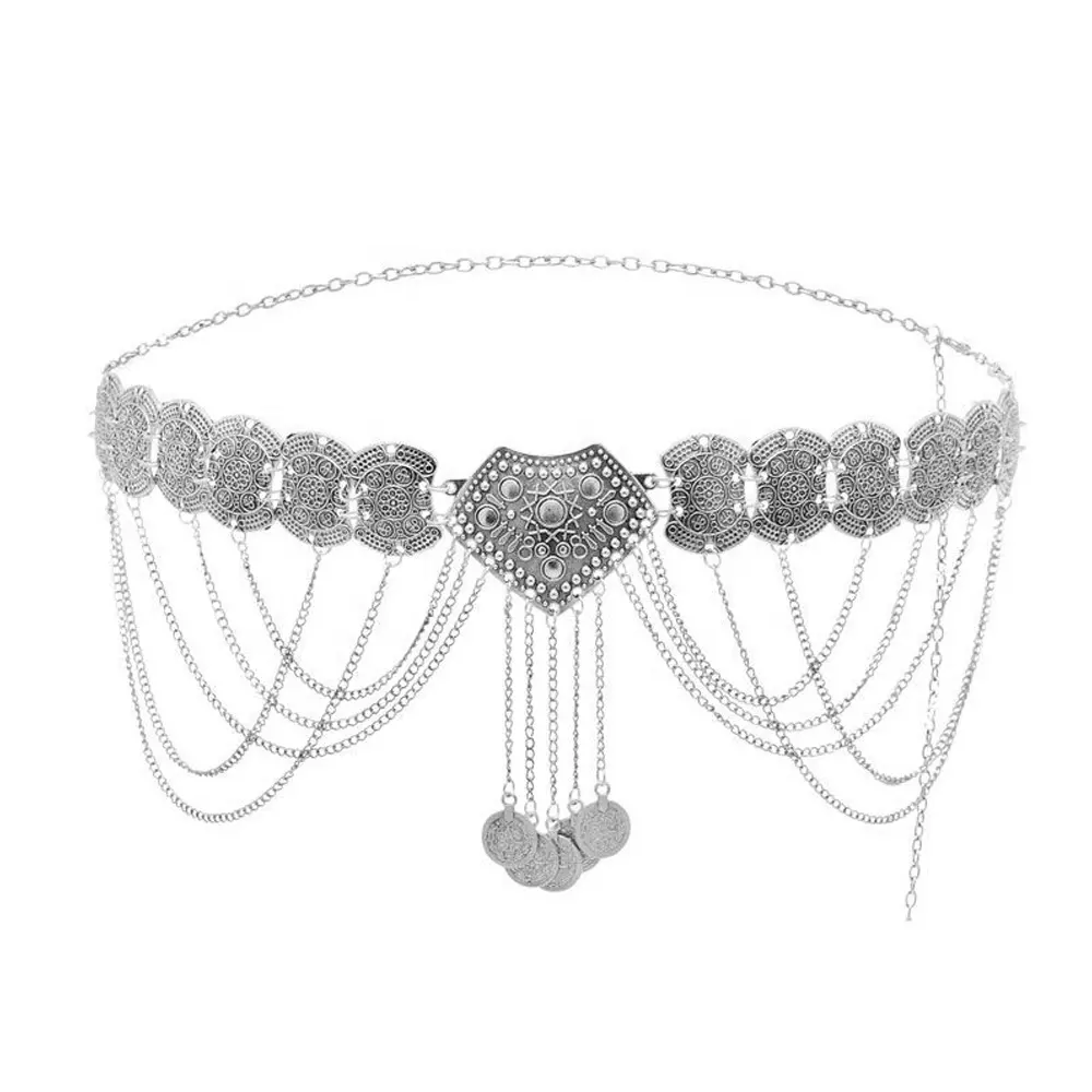 Cadena de cintura con borlas y flores de aleación para mujer, cinturón de metal con monedas para danza del vientre, accesorios de estilo antiguo
