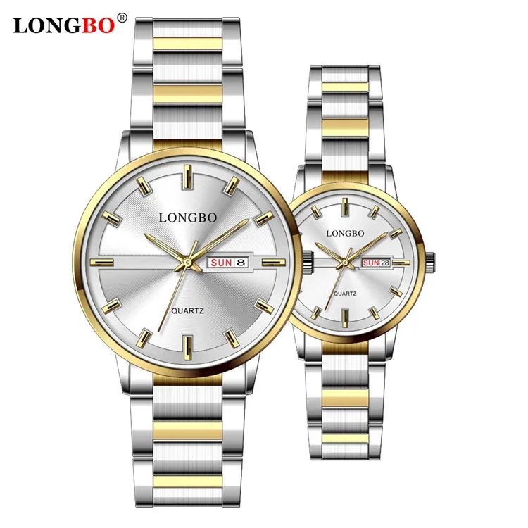 LONGBO Jam Tangan Pasangan, Arloji Quartz Stainless Steel Sederhana, Tahan Air 3 Atm Tanggal dan Pasangan 80555