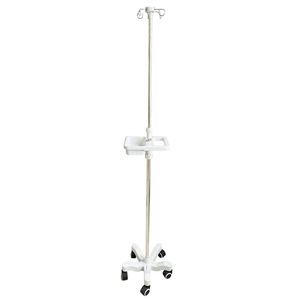 Portable IV stand with pentagonal base, tray handle, and casters for elderly patients and hospital beds. - Product Image 1