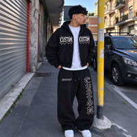 Ensemble 2 pièces décontracté streetwear pour homme : sweat à capuche zippé surdimensionné avec imprimé lettres gothiques et pantalon large – Fabrication OEM/ODM
