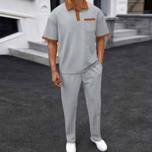 I-0641 Vente chaude Ensemble homme grande taille de haute qualité, col boutonné, patchwork, manches courtes, pantalon décontracté doux, ensemble deux pièces - Product Image 4