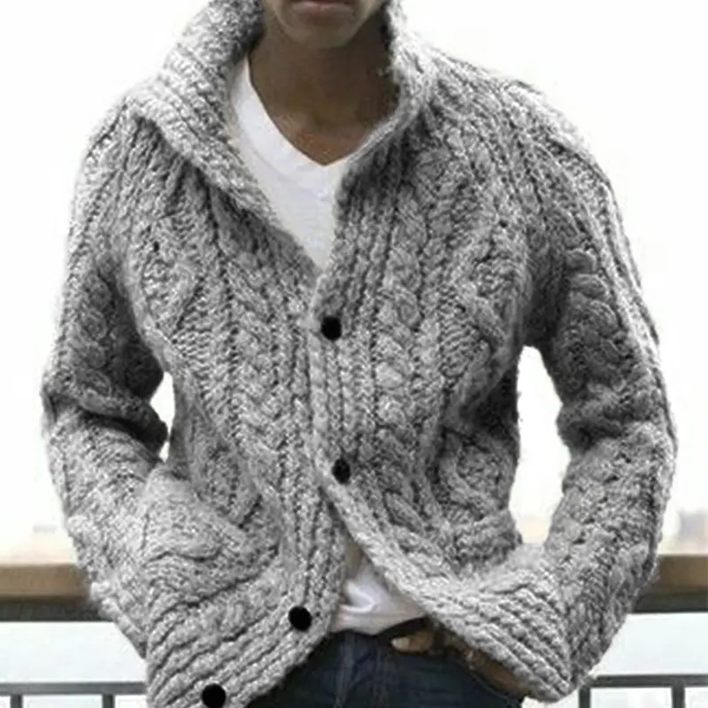 2023 Winter Clothing Men's Stylish Stand Collar Cable Knitted Button Grey Cardigan Sweater Creamy White Wool Coat