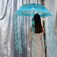 Payung Transparan Dreamnet Sea Moon Jellyfish, Tebal, Semi Otomatis, Tahan Angin, dengan Gagang Lengkung, Desain Panjang untuk Wanita