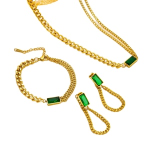 PVD Gold Plated Stainless Steel Bold Geometric Jewelry Set with Green Rectangle Stone and Double Cuban <b>Chain</b>|Retro Statemete - Product Image 1