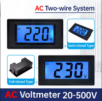 Panel Meter Volt Digital LCD 2-Kabel Tipe AC Mini Terintegrasi 20-500V untuk Instrumen Pengujian 100V 110V 120V 220V 230V 380V