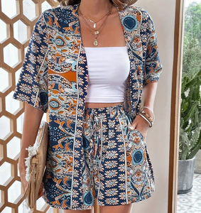 Conjunto de Dos Piezas con Estampado Bohemio para <span class=keywords><strong>Mujer</strong></span>, Cárdigan Abierto Informal y Pantalones Cortos, Ropa de Playa para Vacaciones 2026 - Product Image 4