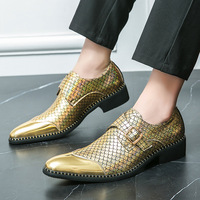 Chaussures en cuir pour hommes à boucle métallique pointue, couleur or et argent brillante, chaussures de cérémonie pour mariage et bal de promo
