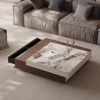 Table basse à deux niveaux carrée en placage de noyer avec plateau en pierre frittée, double tiroir de rangement, style moderne du milieu du siècle, pour la maison et l'hôtel