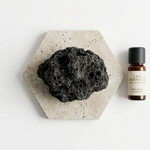 Diffuseur d'huiles essentielles en pierre de lave naturelle minimaliste nordique avec plateau hexagonal en travertin, diffuseur d'air en pierre volcanique - Product Image 2