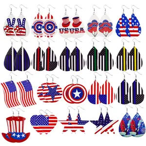 थोक स्वतंत्रता दिवस 4th जुलाई कान की बाली मिठाइयां हस्तनिर्मित स्तरित चमड़े अमेरिकी ध्वज महिलाओं के लिए लटकना कान की बाली 2023