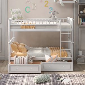 Lit superposé en bois blanc avec tiroirs de rangement et échelle pour chambre d'enfant - Product Image 2