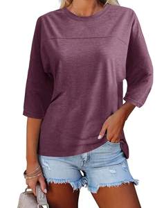 T-shirt décontracté à manches 3/4 pour femmes, plusieurs couleurs, col rond, chemisier uni rayé, doux et confortable, pour un usage quotidien - Product Image 2