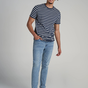 T-shirt a righe in cotone a forma di controllo e restringimento Pre-lavata per uomini alti in blu e bianco - Product Image 5