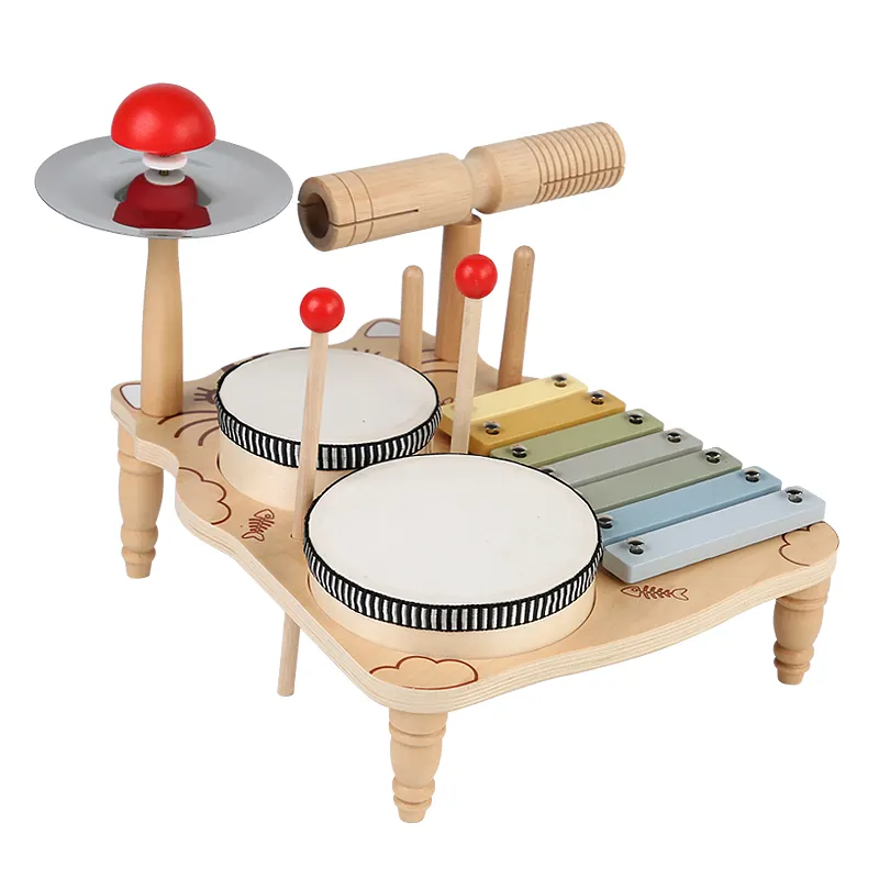 Percussão De Madeira Montessori Instrumentos Brinquedos Set Tambor Musical Kit De Música De Madeira Bebê Brinquedo Sensorial Kids Drum Set hand-held