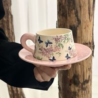 Ensemble de tasse à café et plateau en céramique de luxe rétro, avec motif d'hortensia en velours, boîte cadeau incluse, cadeau commémoratif haut de gamme