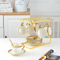 Ensemble de tasses à café en céramique empilables et peu encombrantes avec support de rangement en métal, ensemble de tasses en porcelaine marbrée pour le comptoir de cuisine