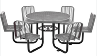 Mesa de Picnic Redonda de Metal Perforado de 46 Pulgadas con Seis Bancos Modernos, Resistente al Agua para Patio, Hotel, Escuela, Comedor al Aire Libre