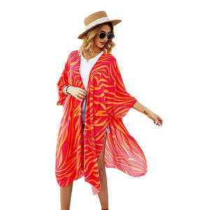Kimono de plage rouge en rayonne imprimée pour femme, chemisier de plage, couvre-maillot de bain - Product Image 6