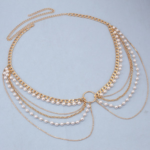 โซ่คล้องตัวแฟชั่นหลายชั้น โซ่คาดเอวทรงเรขาคณิต ไข่มุกเทียม เครื่องประดับฮิปฮอปสำหรับงานปาร์ตี้ สีทองขาว K - Product Image 3