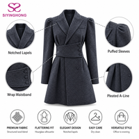 Robe Blazer Femme Sur Mesure Coupe Trapèze à Col Pointu Manches Longues Épaules Bouffantes Ceinture Large Robe de Travail de Bureau Charbon Hiver Vente en Gros