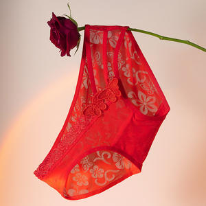 Calzoncillos de encaje transpirables de tiro bajo para mujer de Jacquard rojo estilo coreano Sexy y encantador Logotipo de cintura de 'buena suerte' - Product Image 3