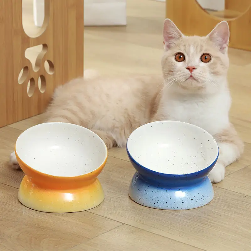 Penyangga Leher Miring Kustom Kualitas Tinggi 15 Derajat Mangkuk Kucing Keramik Mangkuk Makan Hewan Peliharaan
