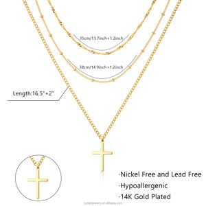Collier tendance pour femme avec pendentif croix en laiton, <span class=keywords><strong>triple</strong></span> couche avec chaîne ondulée/satellite et design croix cubaine - Product Image 3
