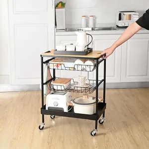 Nieuwe Mode Keuken Eiland Serveren Trolley Utility Hout Tafelblad 4 Tier Rollende Opslagkar Met 2 Laden Mand