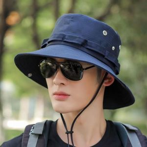 Chapeau Bob Homme Extérieur Bleu Marine Réglable Protection Solaire Respirant Pêche Randonnée Style Toile Décontracté Été - Product Image 1