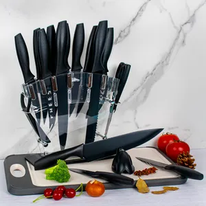 Hotsale 17 टुकड़ा स्टेनलेस स्टील रंगीन चाकू सेट चाकू चोखा के साथ काले रसोई के चाकू सेट