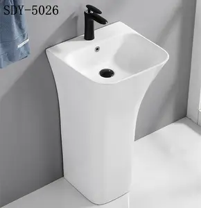 Lavabo de cerámica con soporte gratuito, lavabo de pedestal, diseño europeo, única, una pieza