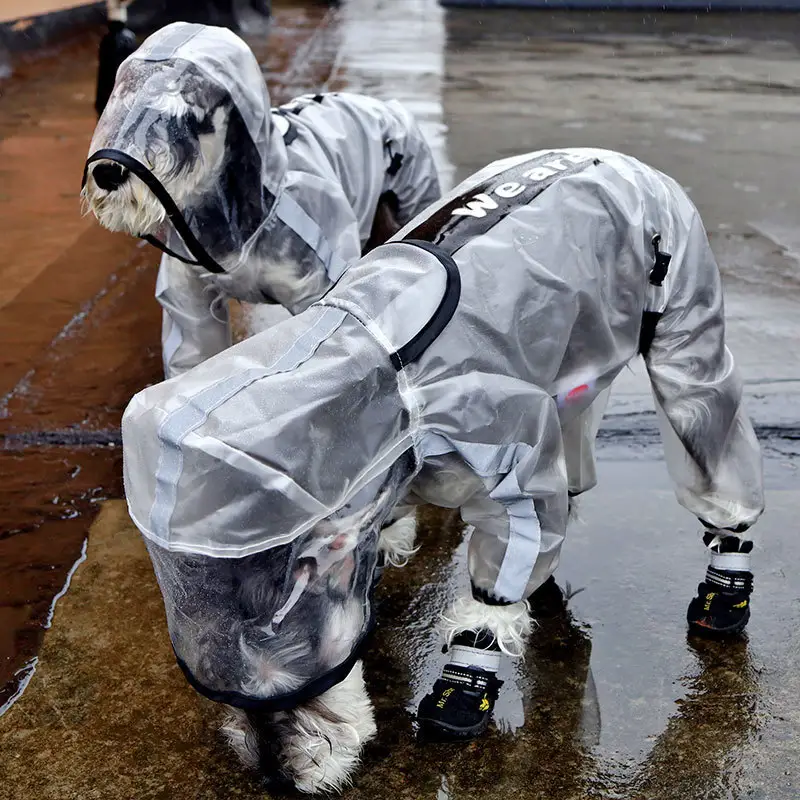 Imperméable à quatre pattes pour animaux de compagnie, Poncho Transparent imperméable à capuche pour chien, Cape à rayures réfléchissantes