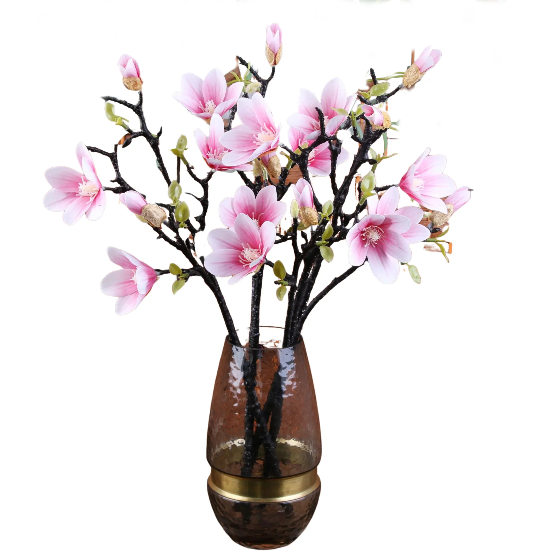 สัมผัสจริงสาขาแมกโนเลียไหมจำลองสูง5หัว3D ผลประดิษฐ์ Yulan แมกโนเลียดอกไม้สาขาสำหรับตกแต่งบ้าน