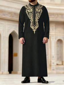 CCY 2026 Qamis <span class=keywords><strong>noir</strong></span> pour hommes arabes saoudiens, à manches longues et col montant, style Kaftan, Jubba islamique, Thobe musulman, Abaya brodée - Product Image 1